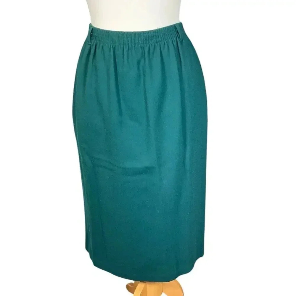 Vintage Alfred Dunner Women's 100% Wool Midi Skirt Size 10 Green W/ Belt Loops